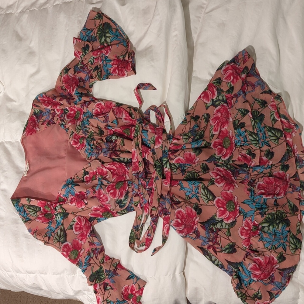 NWOT: LARGE For Love and Lemons floral pink dress with 3/4 flutter sleeves and